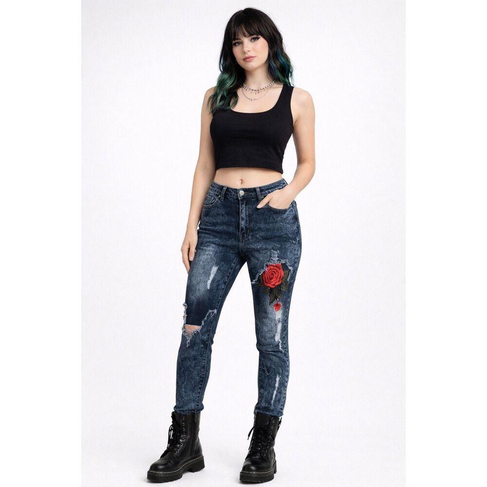 Blue Topic Distressed Floral Patch‎ Skinny Jeans Embroidered Rose Denim 15/16